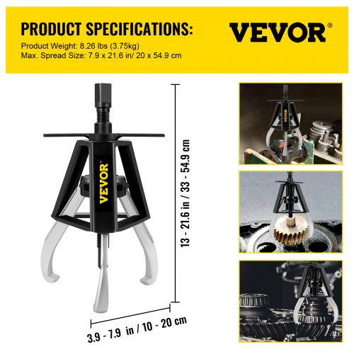 VEVOR 3 Gear Jaw Puller, 2 Ton/4408 LBS Capacity Manual Puller,13" - 21.6" Spread Reach and 3.9" - 7.9" Spread Range, 11" Lead Screw Length Gear Removal Tools For Slide Gears, Pulleys, and Flywheels