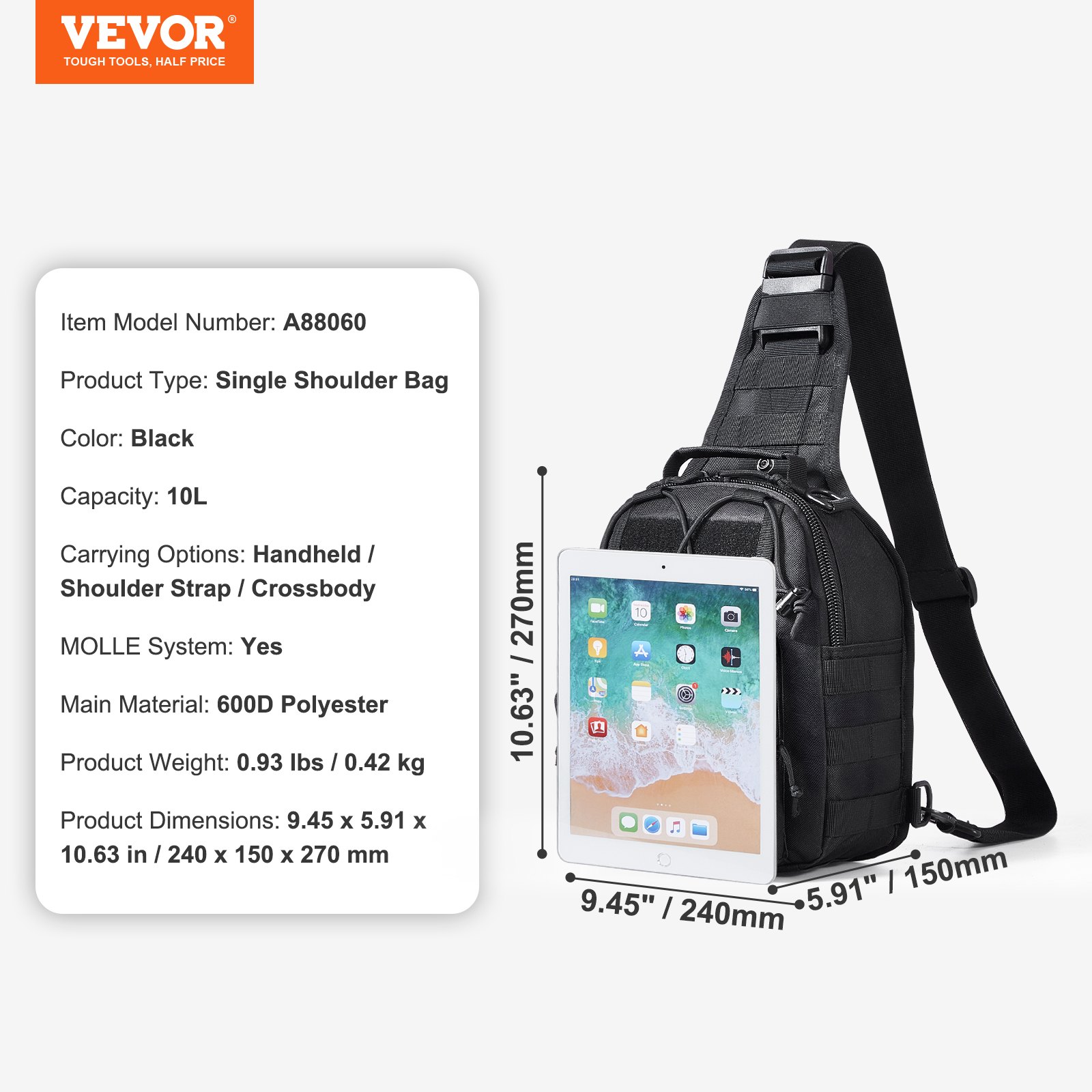 VEVOR Tactical Sling Bag, 10L Military Rover Shoulder Sling Backpack with Molle Design and Multi-pocket,  600D Tactical Shoulder Bag Ideal for Caping, Hiking and Every Day Carry, Black