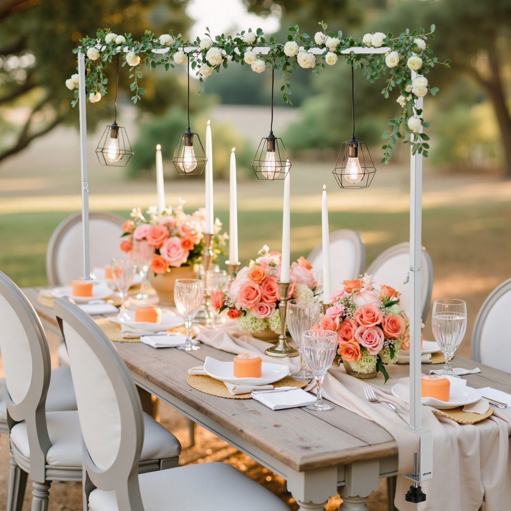 VEVOR Over The Table Rod Stand with Clamps, 13"-42'' Tall & 28"-98" Length Adjustable, Metal Table Arch Stand, Tabletop Balloon Arch Frame for Wedding Birthday Party Christmas Decorations, White