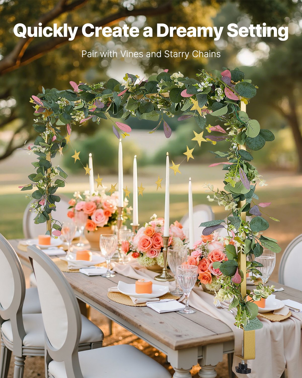 VEVOR Over The Table Rod Stand with Clamps, 13"-42" Tall & 28"-98" Length Adjustable, Metal Table Arch Stand with Rattan, Tabletop Balloon Arch Frame for Wedding Birthday Christmas Decorations, Gold