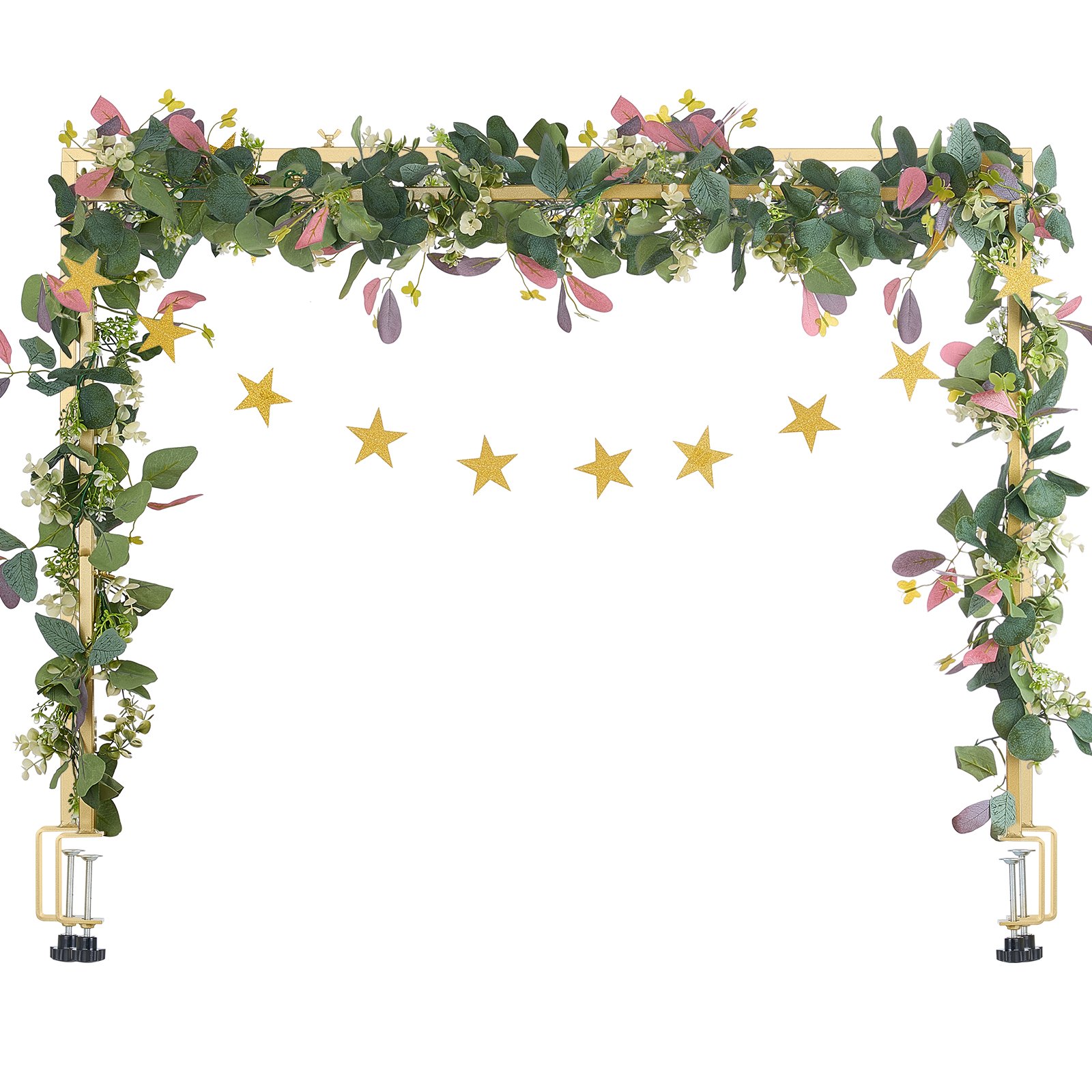 VEVOR Over The Table Rod Stand with Clamps, 13"-42" Tall & 28"-98" Length Adjustable, Metal Table Arch Stand with Rattan, Tabletop Balloon Arch Frame for Wedding Birthday Christmas Decorations, Gold