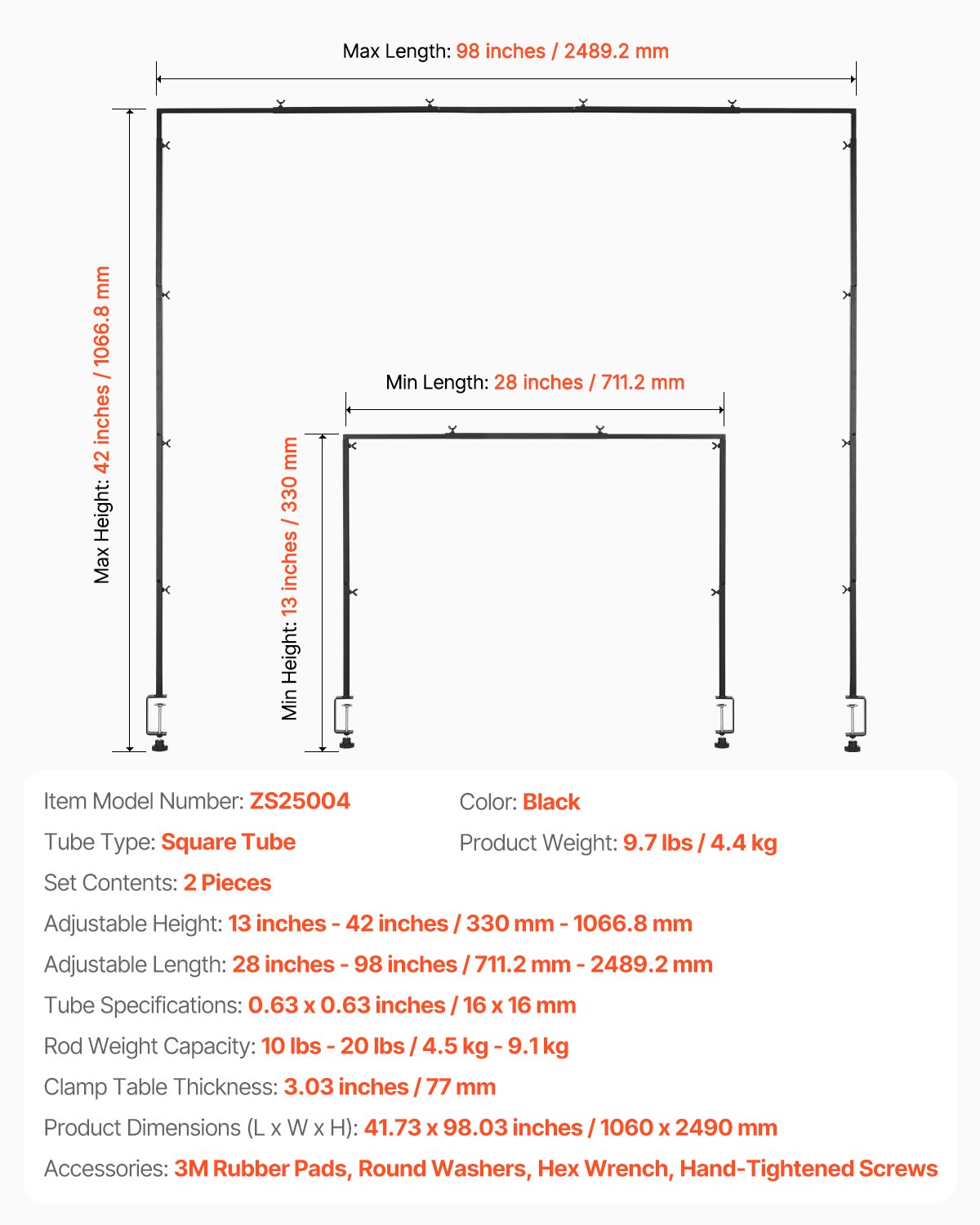 Stojan na tyč VEVOR nad stůl se svorkami, výška 33-107 cm a nastavitelná délka 72-244 cm, balení 2 kusů stojanů na stůl s obloukem, rám s balónkovým obloukem na stůl pro svatební, narozeninové, vánoční dekorace, černý