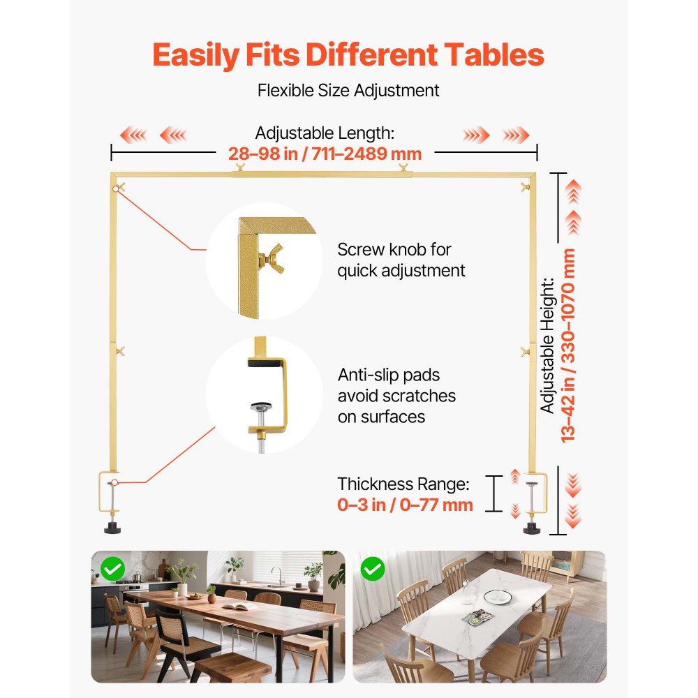 VEVOR Over the Table Rod Stand with Clamps, Adjustable 71-249 cm Length & 33-106 cm Height, Table Arch Stand with Floral Accessories, Gold Balloon Frame for Wedding Birthday Party Christmas Decoration