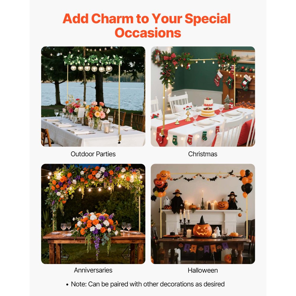 VEVOR Over the Table Rod Stand with Clamps, Adjustable 71-249 cm Length & 33-106 cm Height, Table Arch Stand with Floral Accessories, Gold Balloon Frame for Wedding Birthday Party Christmas Decoration