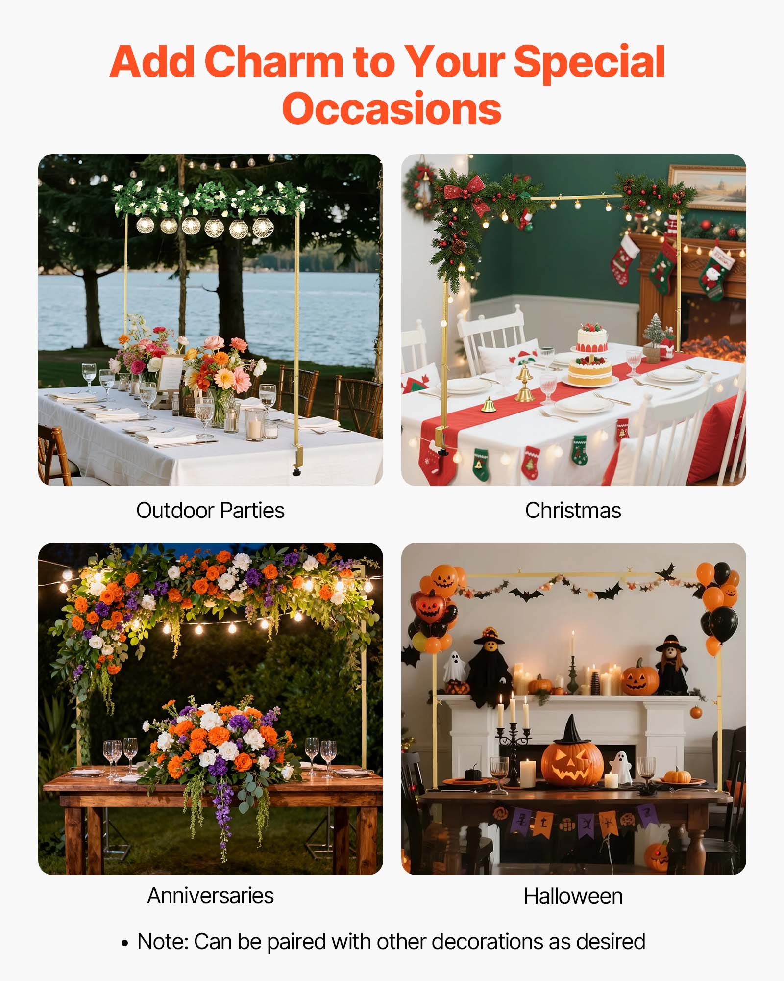 VEVOR Over the Table Rod Stand with Clamps, Adjustable 71-249 cm Length & 33-106 cm Height, Table Arch Stand with Floral Accessories, Gold Balloon Frame for Wedding Birthday Party Christmas Decoration