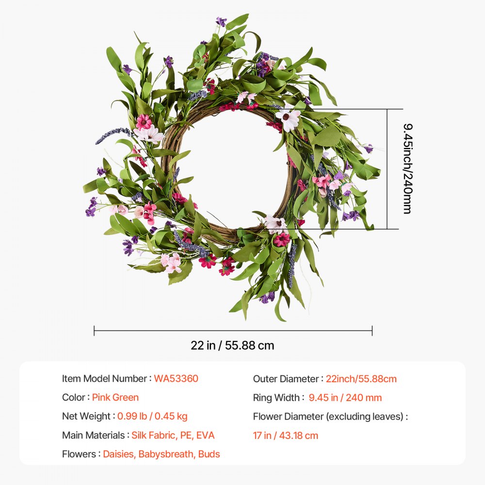 VEVOR Artificial Decorative Wreath, 22 in, Pink Green, Decorated with Daisies, Babysbreath, Buds, Year Round Wreath for All Seasons Indoor and Outdoor Home Wall Window Festival Wedding Decorations