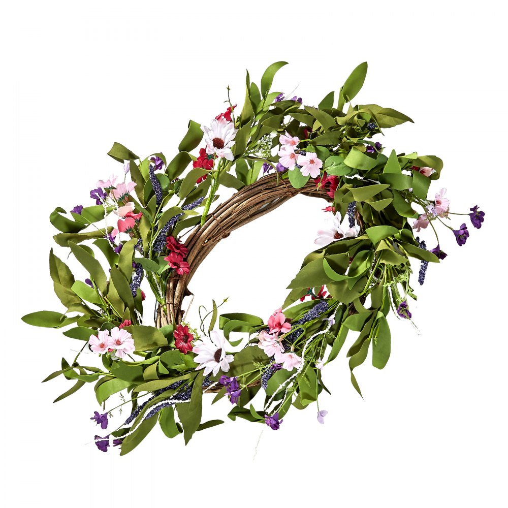 VEVOR Artificial Decorative Wreath, 22 in, Pink Green, Decorated with Daisies, Babysbreath, Buds, Year Round Wreath for All Seasons Indoor and Outdoor Home Wall Window Festival Wedding Decorations