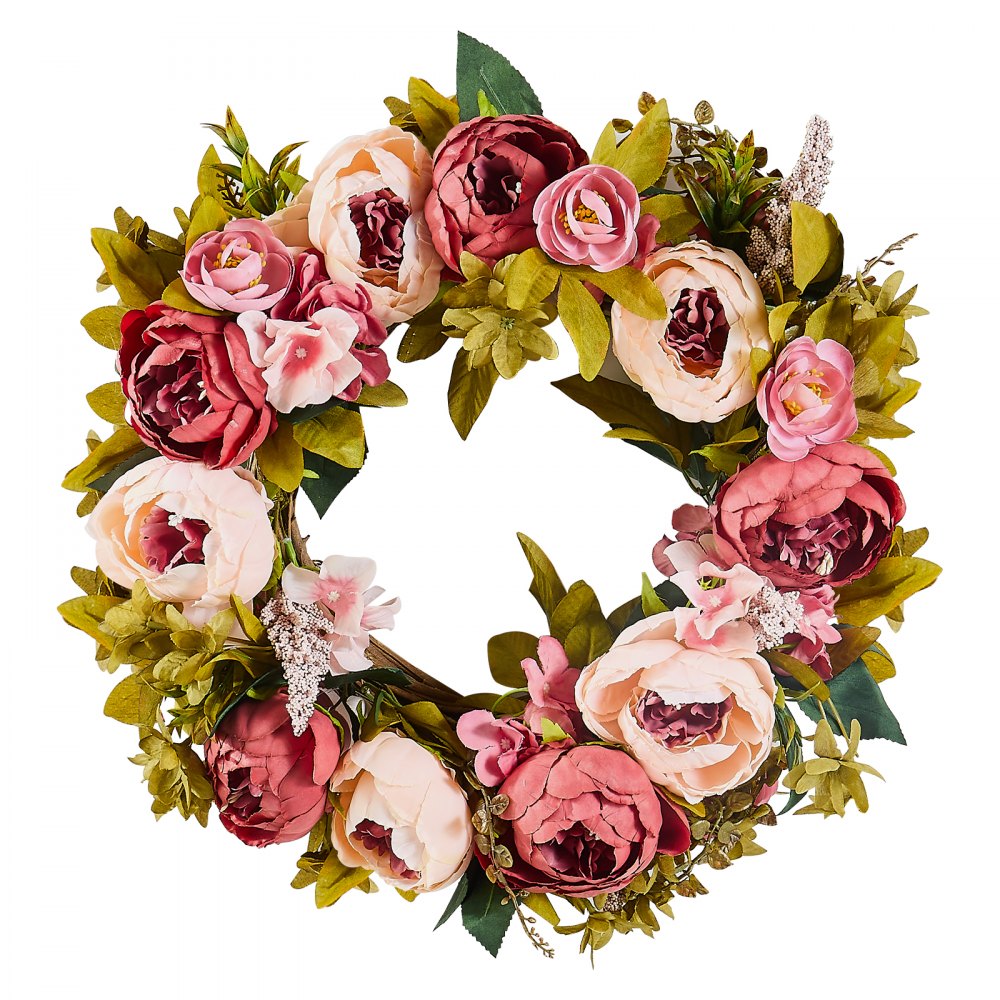 VEVOR Artificial Decorative Wreath, 19 in, Pink, Decorated with Peonies, Hydrangeas, Babysbreath, Year Round Wreath for All Seasons Indoor and Outdoor Home Wall Window Festival Wedding Decorations