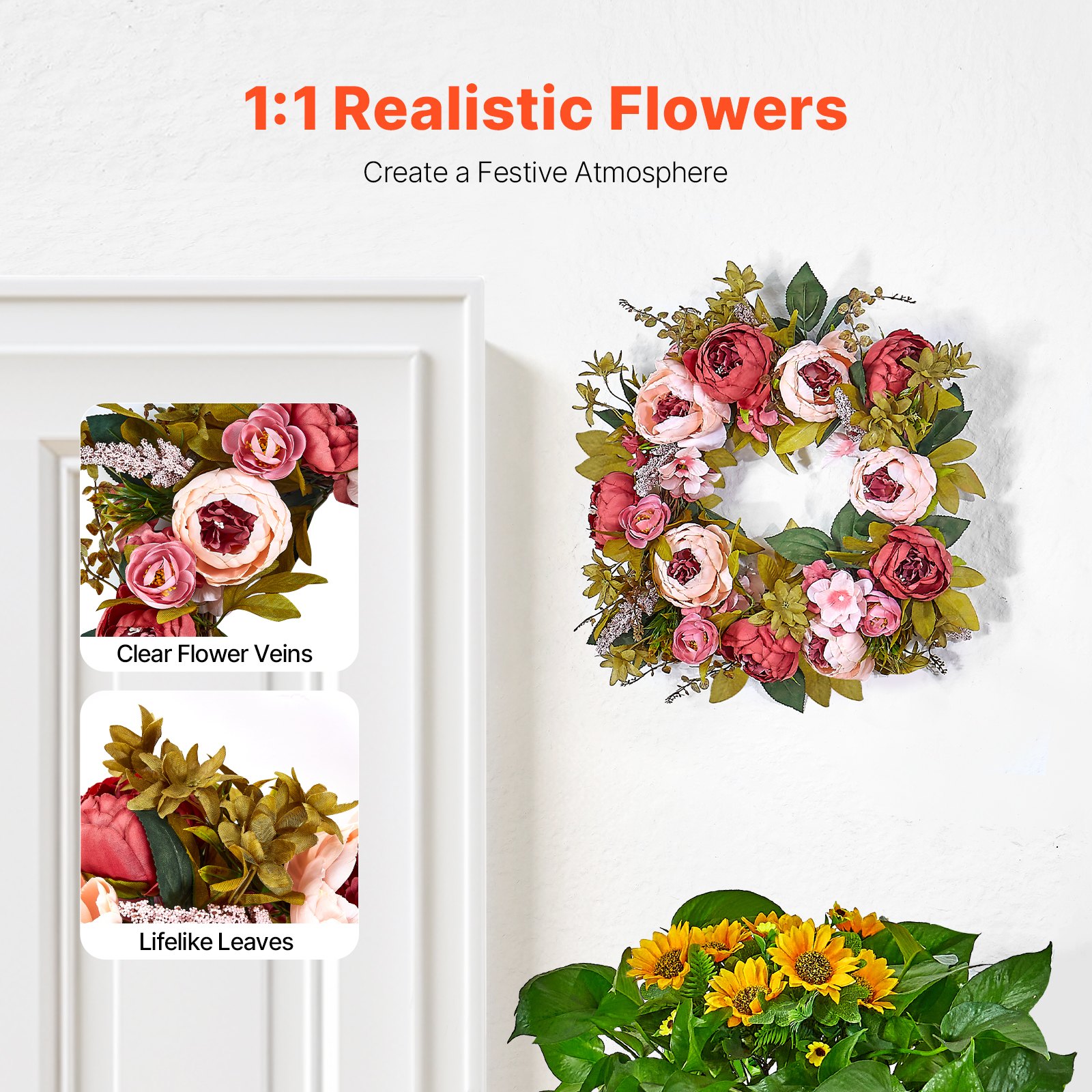 VEVOR Artificial Decorative Wreath, 19 in, Pink, Decorated with Peonies, Hydrangeas, Babysbreath, Year Round Wreath for All Seasons Indoor and Outdoor Home Wall Window Festival Wedding Decorations