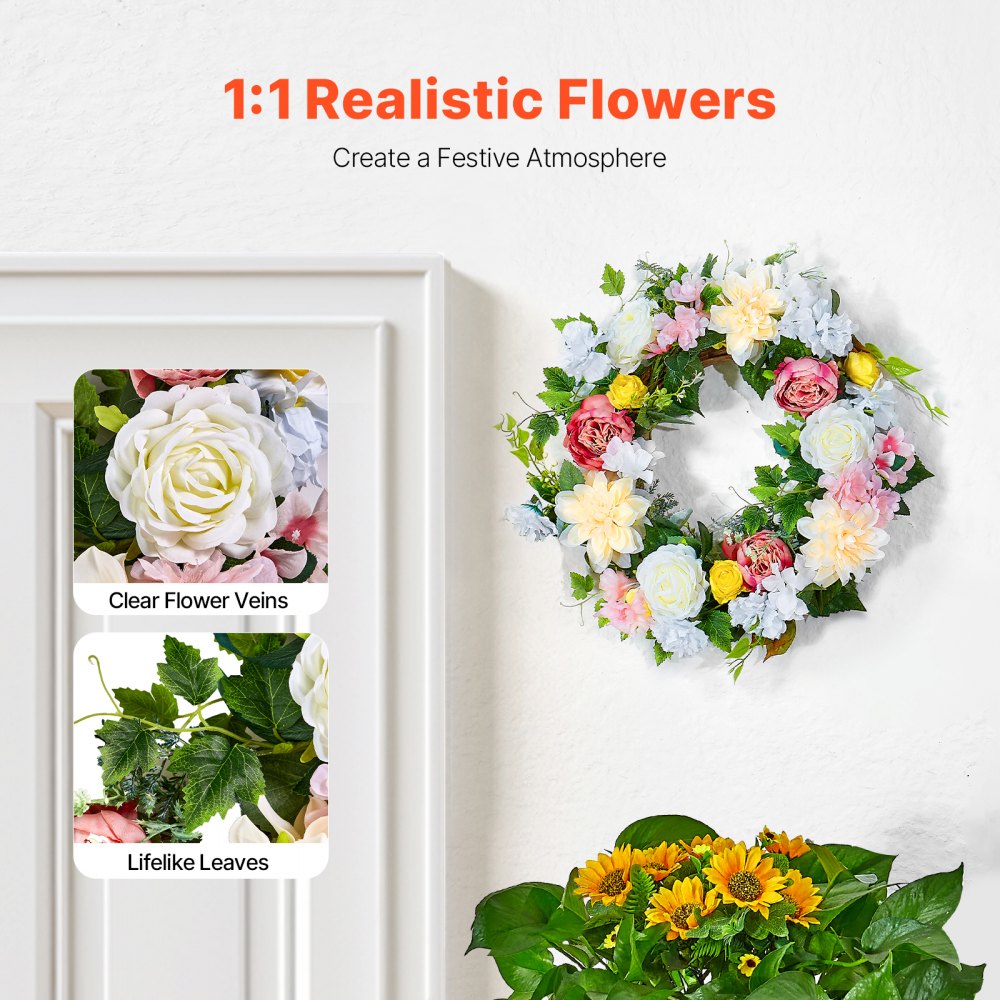 VEVOR Artificial Decorative Wreath, 60.96 cm, White Pink Yellow, Decorated with Peonies, Hydrangeas, Year Round Wreath for All Seasons Indoor and Outdoor Home Wall Window Festival Wedding Decorations