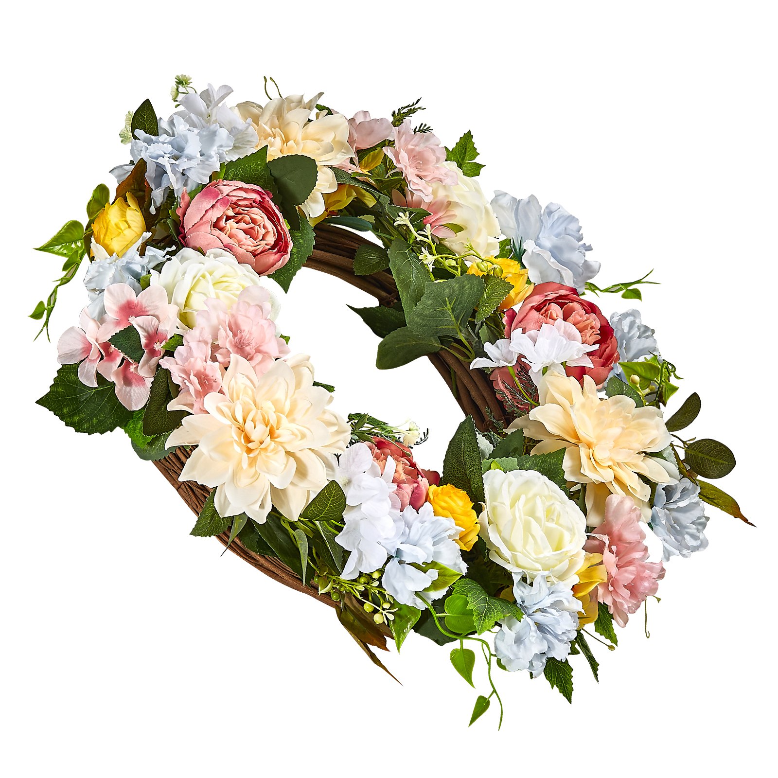 VEVOR Artificial Decorative Wreath, 60.96 cm, White Pink Yellow, Decorated with Peonies, Hydrangeas, Year Round Wreath for All Seasons Indoor and Outdoor Home Wall Window Festival Wedding Decorations