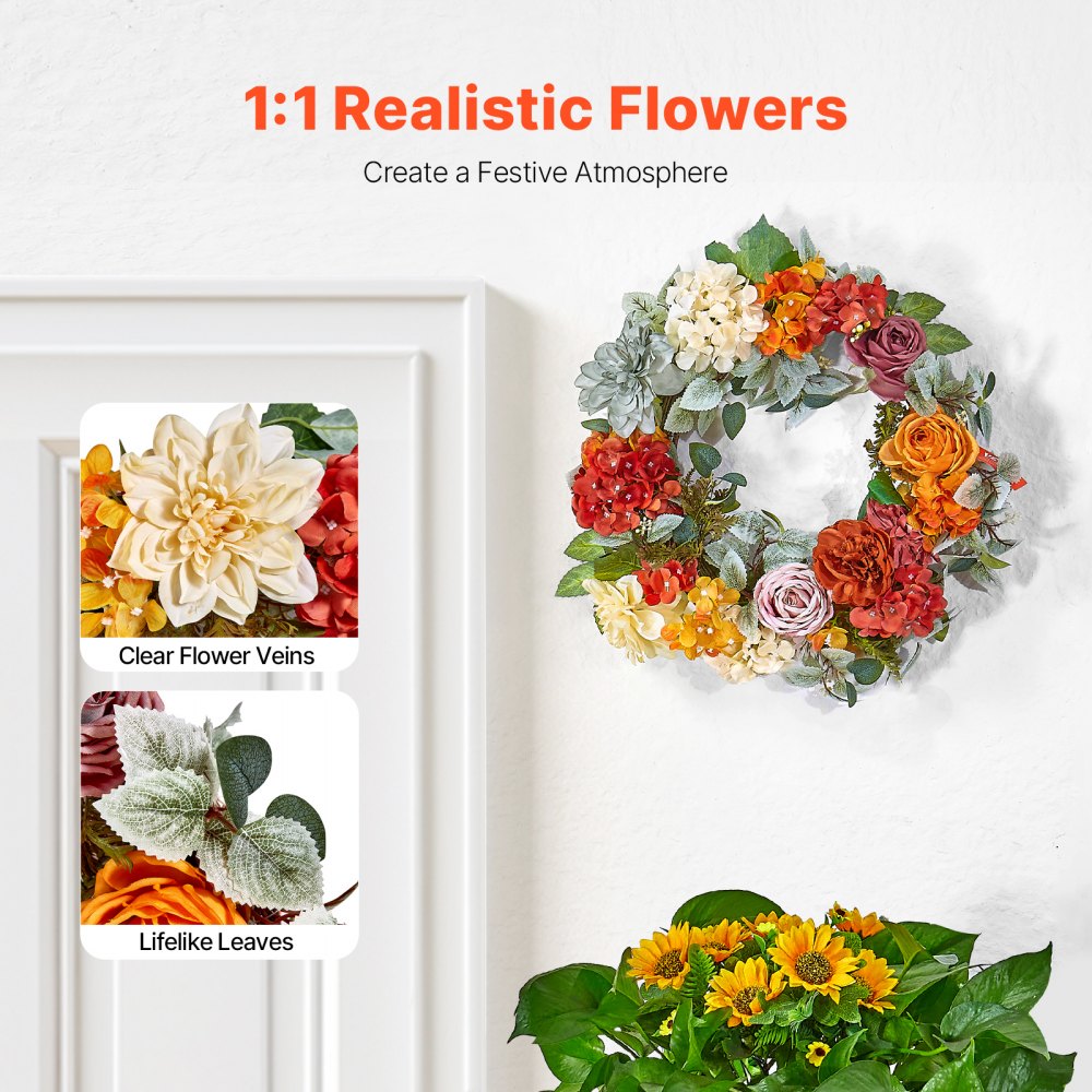VEVOR Artificial Decorative Wreath, 60.96 cm, Red Orange Yellow, Decorated with Hydrangeas, Roses, Wooden Sign, Year Round Wreath for All Seasons Indoor and Outdoor Home Wall Window Festival Decor