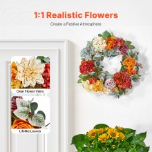 VEVOR Artificial Decorative Wreath 60.96 cm Red Orange Yellow Hydrangeas Roses