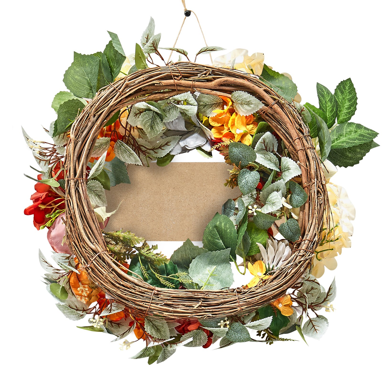 VEVOR Artificial Decorative Wreath, 60.96 cm, Red Orange Yellow, Decorated with Hydrangeas, Roses, Wooden Sign, Year Round Wreath for All Seasons Indoor and Outdoor Home Wall Window Festival Decor