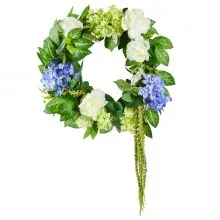 Artificial Decorative Wreath 23 in Blue White Green Hydrangeas Roses Year Round