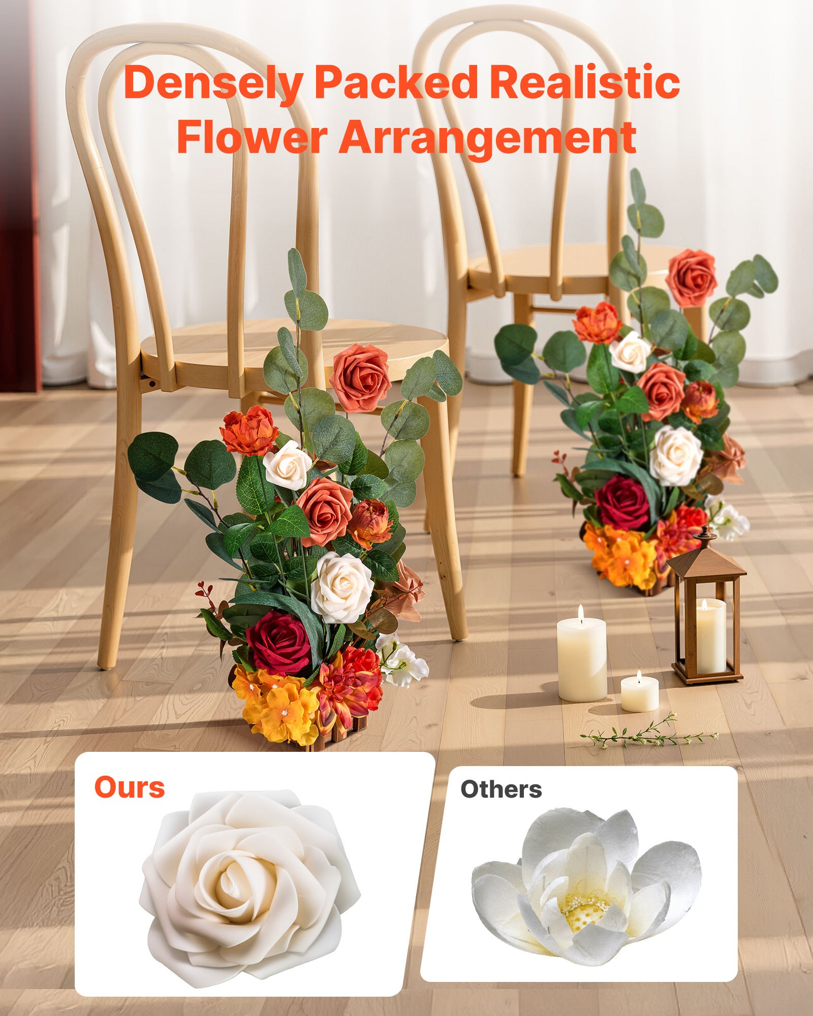 VEVOR Standing Artificial Flowers Arrangements 4 PCS, 450 mm Tall Faux Flower Decorations for Wedding Aisle Runner Chair, Orange Floral Centerpieces for Ceremony Reception Party Outdoor Decor