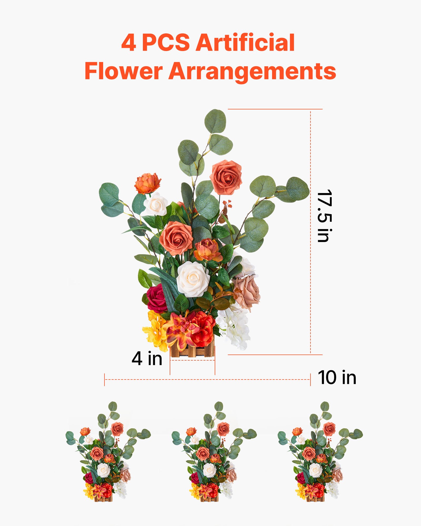 VEVOR Standing Artificial Flowers Arrangements 4 PCS, 450 mm Tall Faux Flower Decorations for Wedding Aisle Runner Chair, Orange Floral Centerpieces for Ceremony Reception Party Outdoor Decor