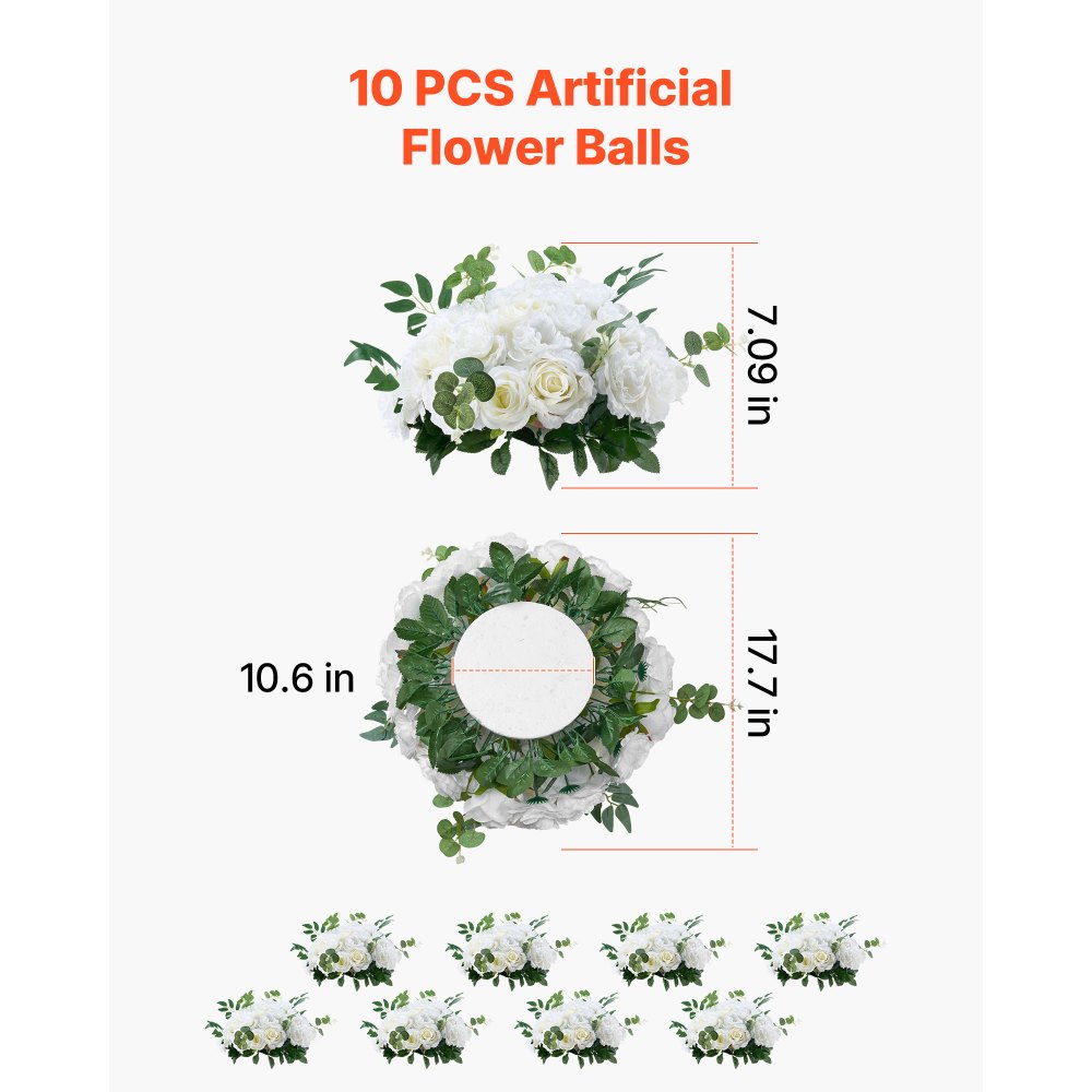 VEVOR Flower Balls Arrangement Bouquet 10 PCS, 450 mm Diameter Artificial Flower Balls Wedding White Roses Centerpieces, Faux Flowers Arrangements for Wedding Centerpiece Home Table Decorations