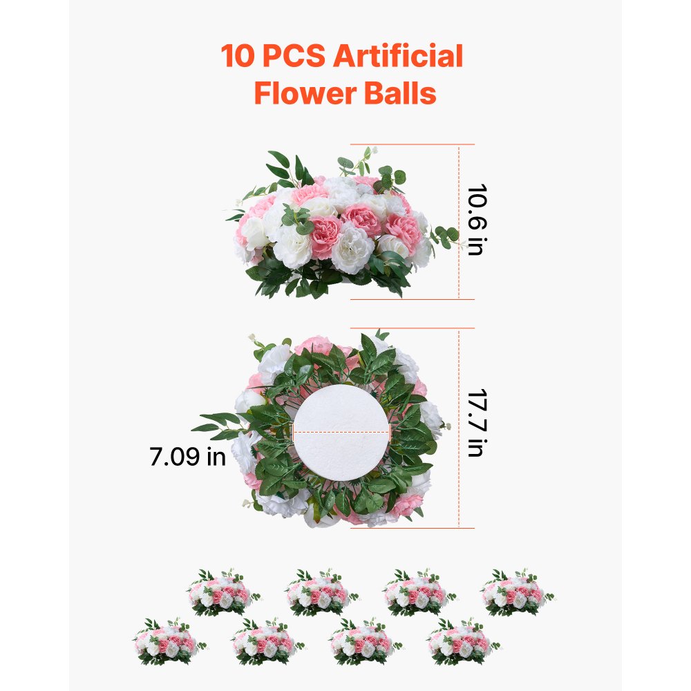 VEVOR Flower Ball Arrangement Bouquet 10 PCS, 17.7-Inch Diameter Artificial Flower Balls Wedding Table Centerpieces, Rose Arrangements for Wedding Centerpiece Home Decorations, Pink and White Roses