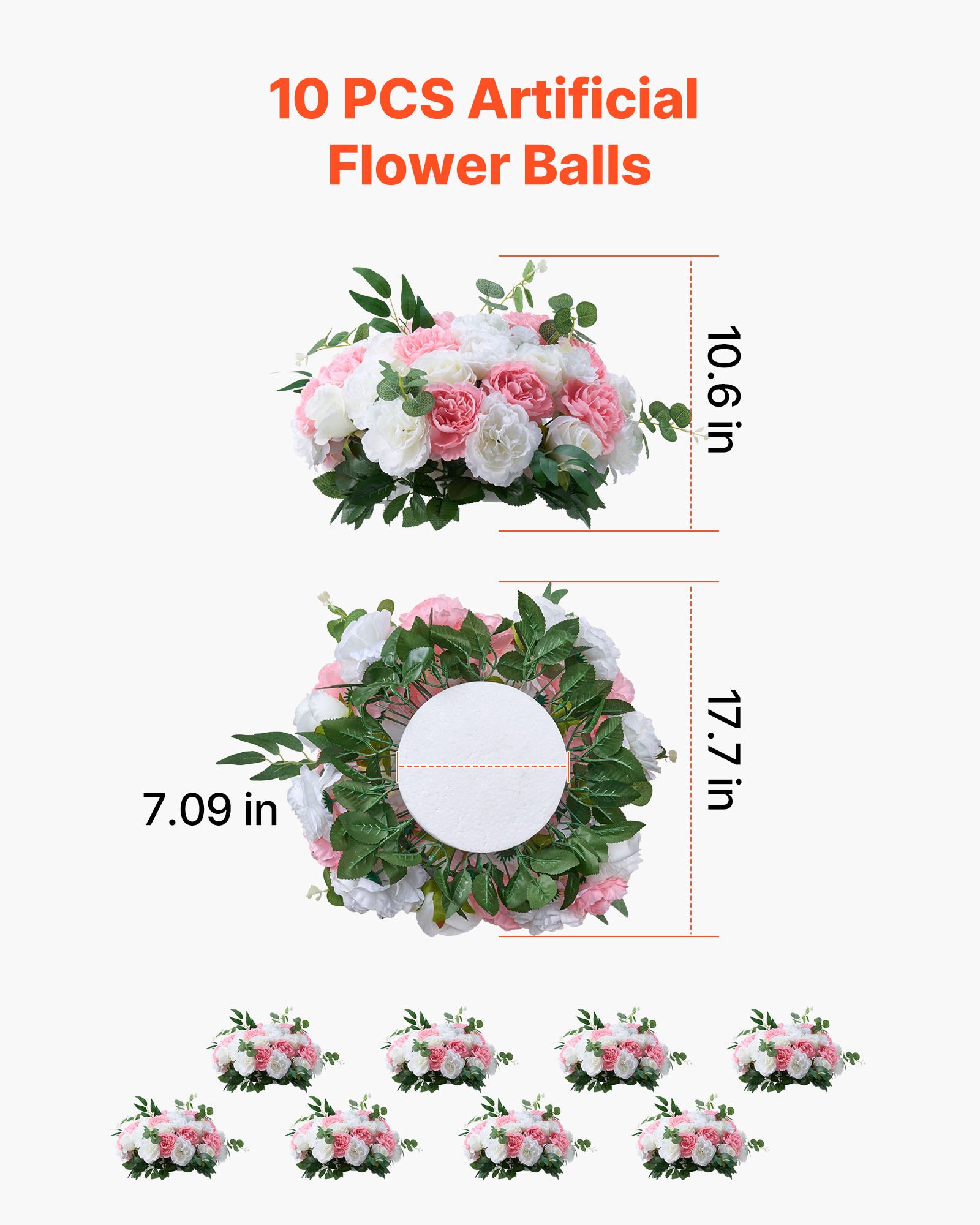 VEVOR Flower Ball Arrangement Bouquet 10 PCS, 17.7-Inch Diameter Artificial Flower Balls Wedding Table Centerpieces, Rose Arrangements for Wedding Centerpiece Home Decorations, Pink and White Roses