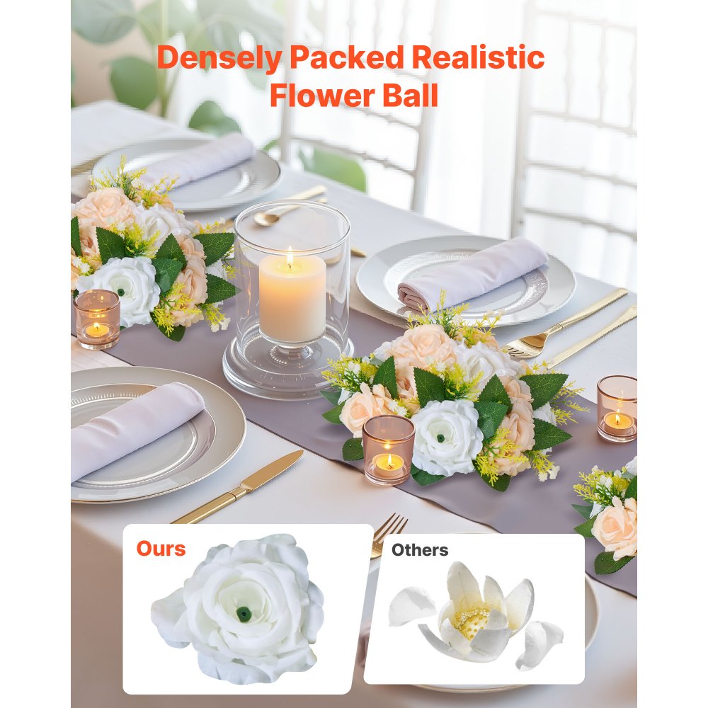 VEVOR Flower Ball Arrangement Bouquet 10 PCS, 240 mm Diameter Artificial Flower Balls Wedding Table Centerpieces, Rose Arrangements for Wedding Centerpiece Home Decoration, Champagne & White Roses