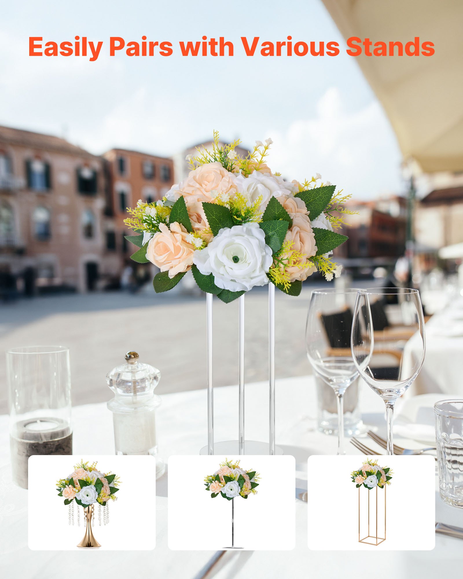 VEVOR Flower Ball Arrangement Bouquet 10 PCS, 240 mm Diameter Artificial Flower Balls Wedding Table Centerpieces, Rose Arrangements for Wedding Centerpiece Home Decoration, Champagne & White Roses