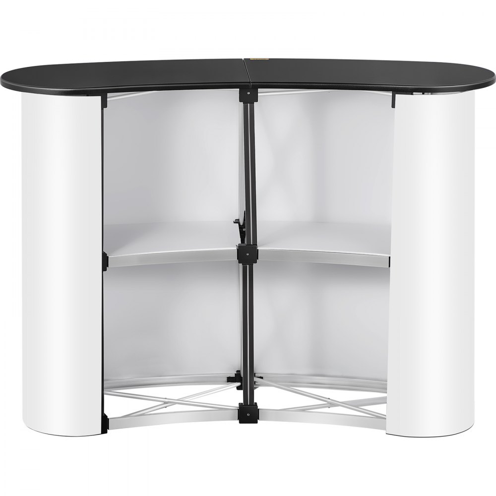 VEVOR exhibition counter stand with black top and internal shelving.