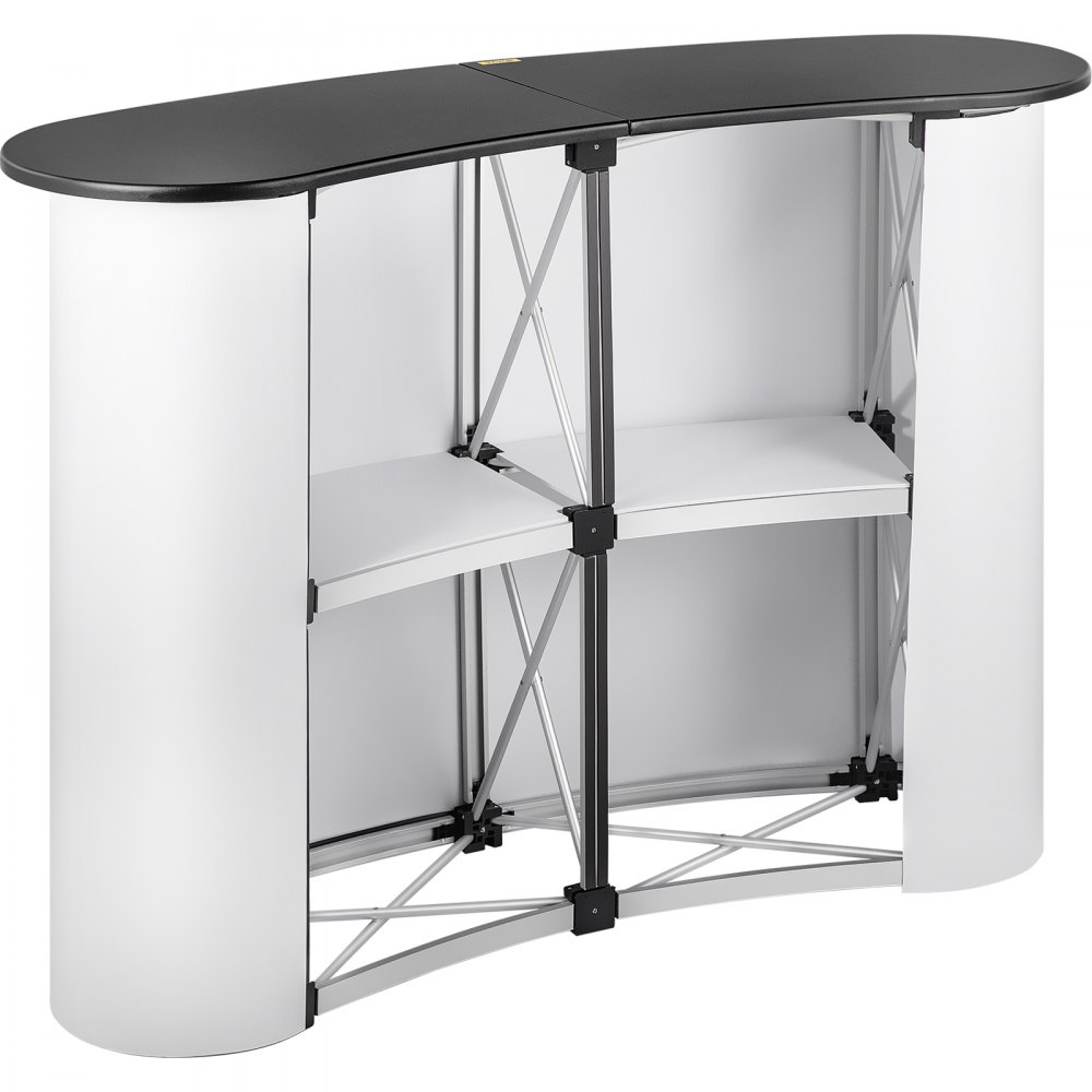 VEVOR exhibition counter stand with white panels and black top.
