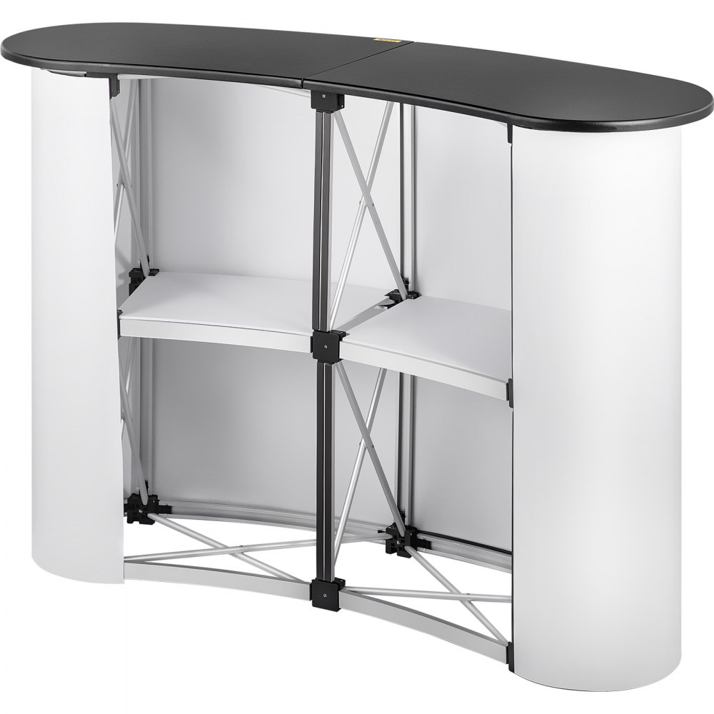 VEVOR exhibition counter stand with black tabletop and white curved sides.