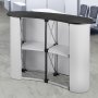 black and white VEVOR exhibition counter stand with curved design and metal frame.