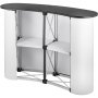 VEVOR exhibition counter stand with black tabletop and white curved sides.