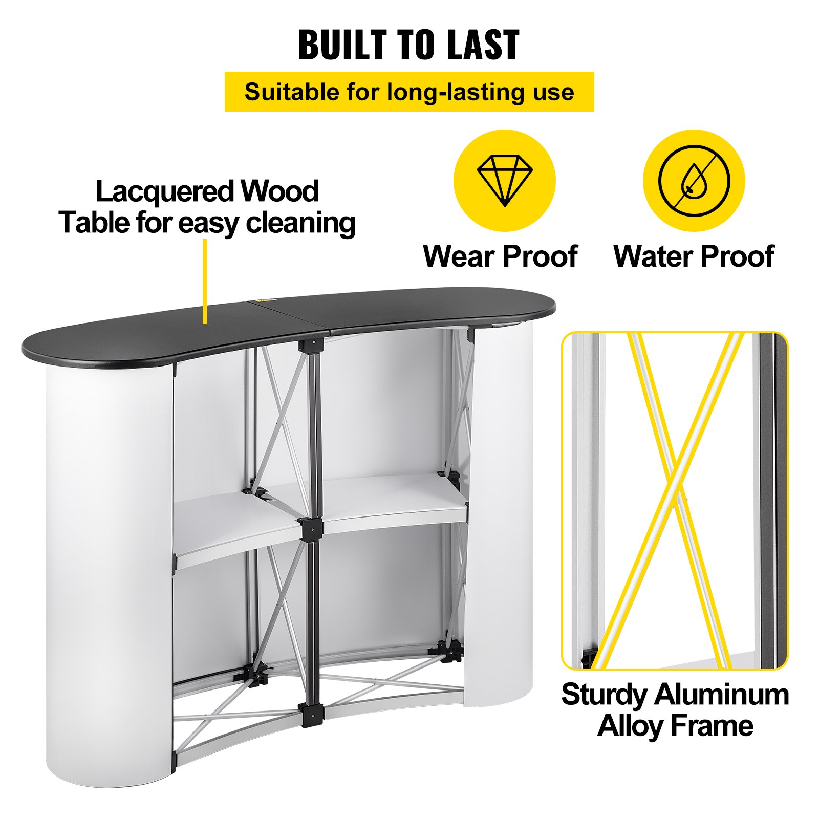 VEVOR exhibition counter stand with sturdy aluminum alloy frame and lacquered wood table.