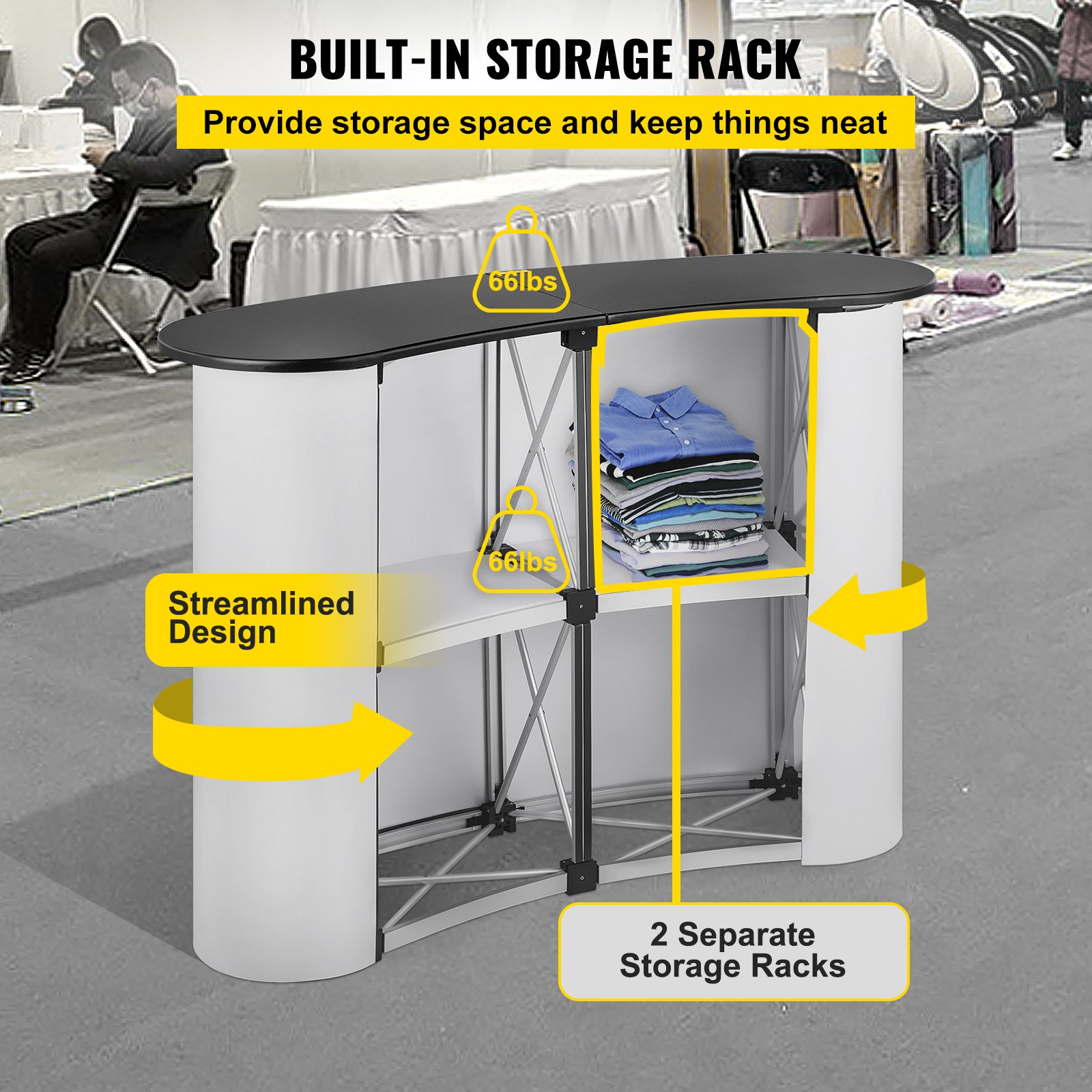 VEVOR exhibition counter stand with built-in storage racks and streamlined design.