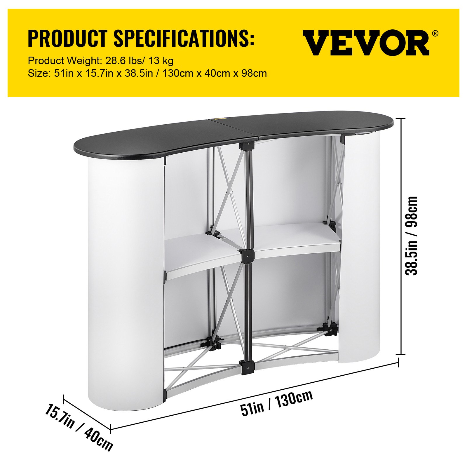 VEVOR exhibition counter stand with product specifications and measurements displayed.