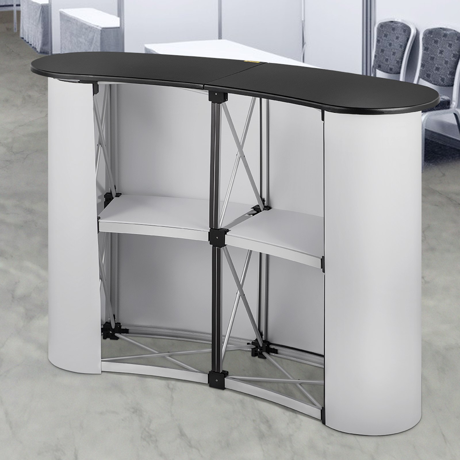 black and white VEVOR exhibition counter stand with curved design and metal frame.