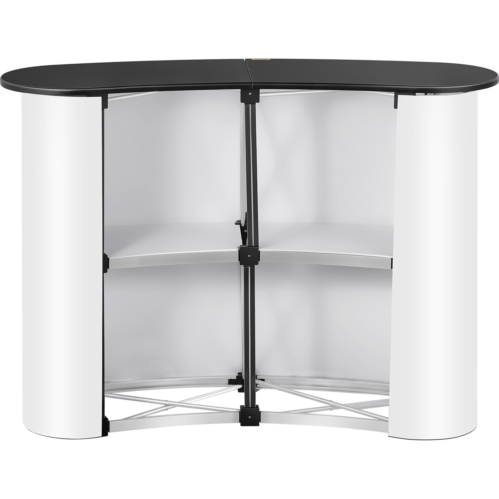 VEVOR exhibition counter stand with black top and internal shelving.