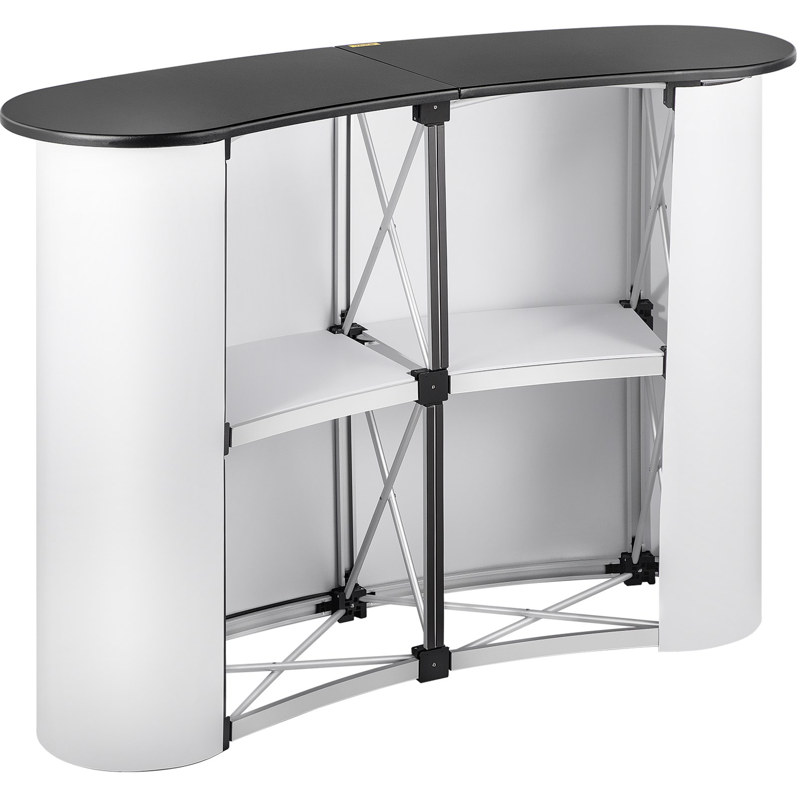 VEVOR exhibition counter stand with white panels and black top.