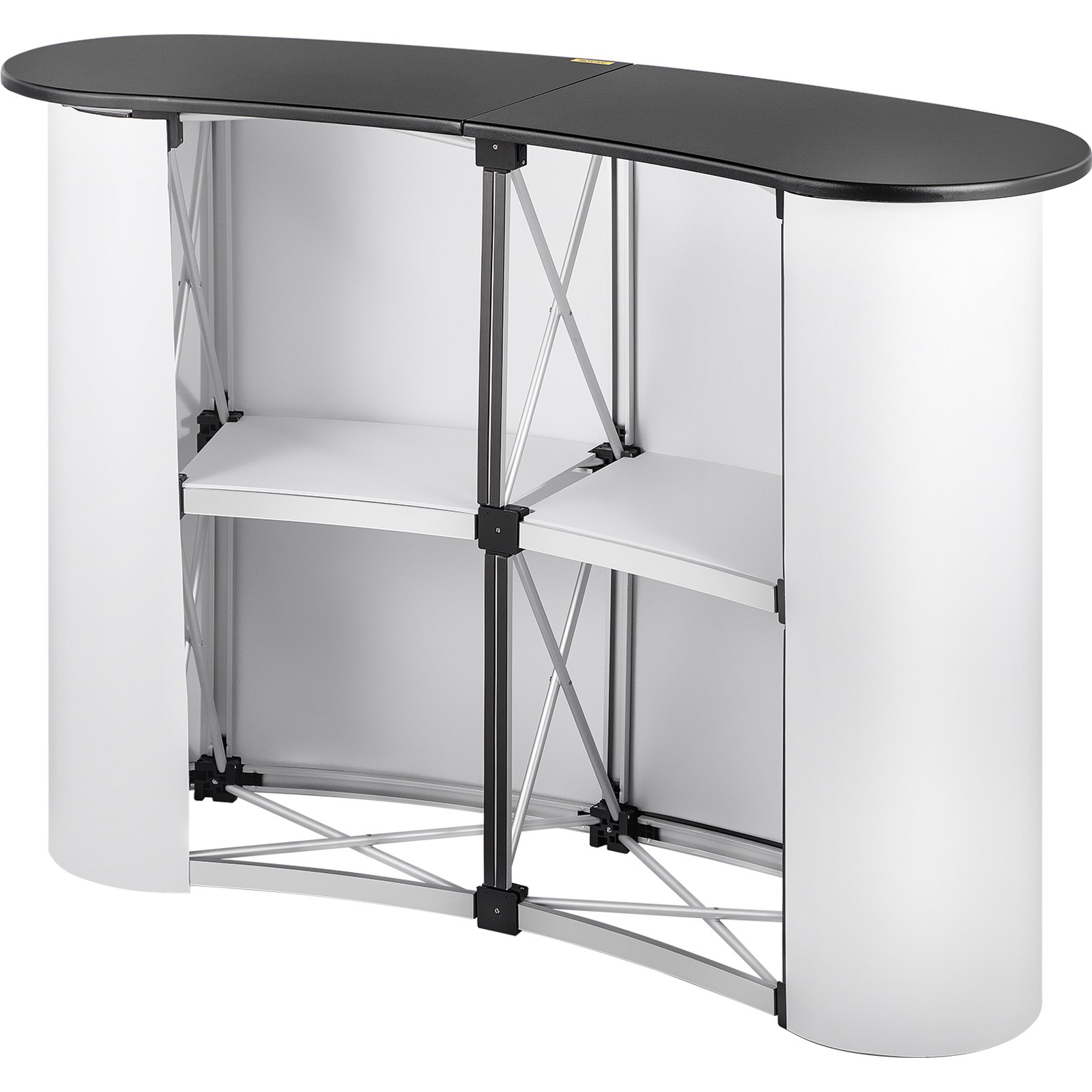 VEVOR exhibition counter stand with black tabletop and white curved sides.
