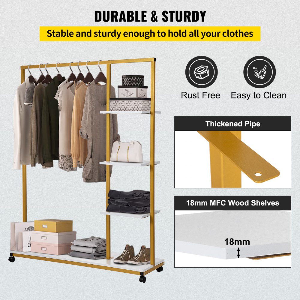 VEVOR Clothing Garment Rack, 180 LBS Capacity, Heavy-duty Clothes Rack w/ Bottom Shelf & Extra 3 Side Shelves, 4 Swivel Casters, Rolling Clothes Organizer for Laundry Room Retail Store Boutique, Gold