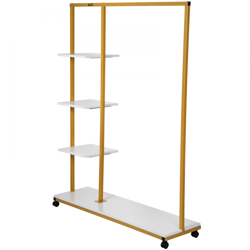 VEVOR Clothing Garment Rack, 180 LBS Capacity, Heavy-duty Clothes Rack w/ Bottom Shelf & Extra 3 Side Shelves, 4 Swivel Casters, Rolling Clothes Organizer for Laundry Room Retail Store Boutique, Gold