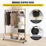 VEVOR Clothing Garment Rack, 180 LBS Capacity, Heavy-duty Clothes Rack w/ Bottom Shelf & Extra 3 Side Shelves, 4 Swivel Casters, Rolling Clothes Organizer for Laundry Room Retail Store Boutique, Gold