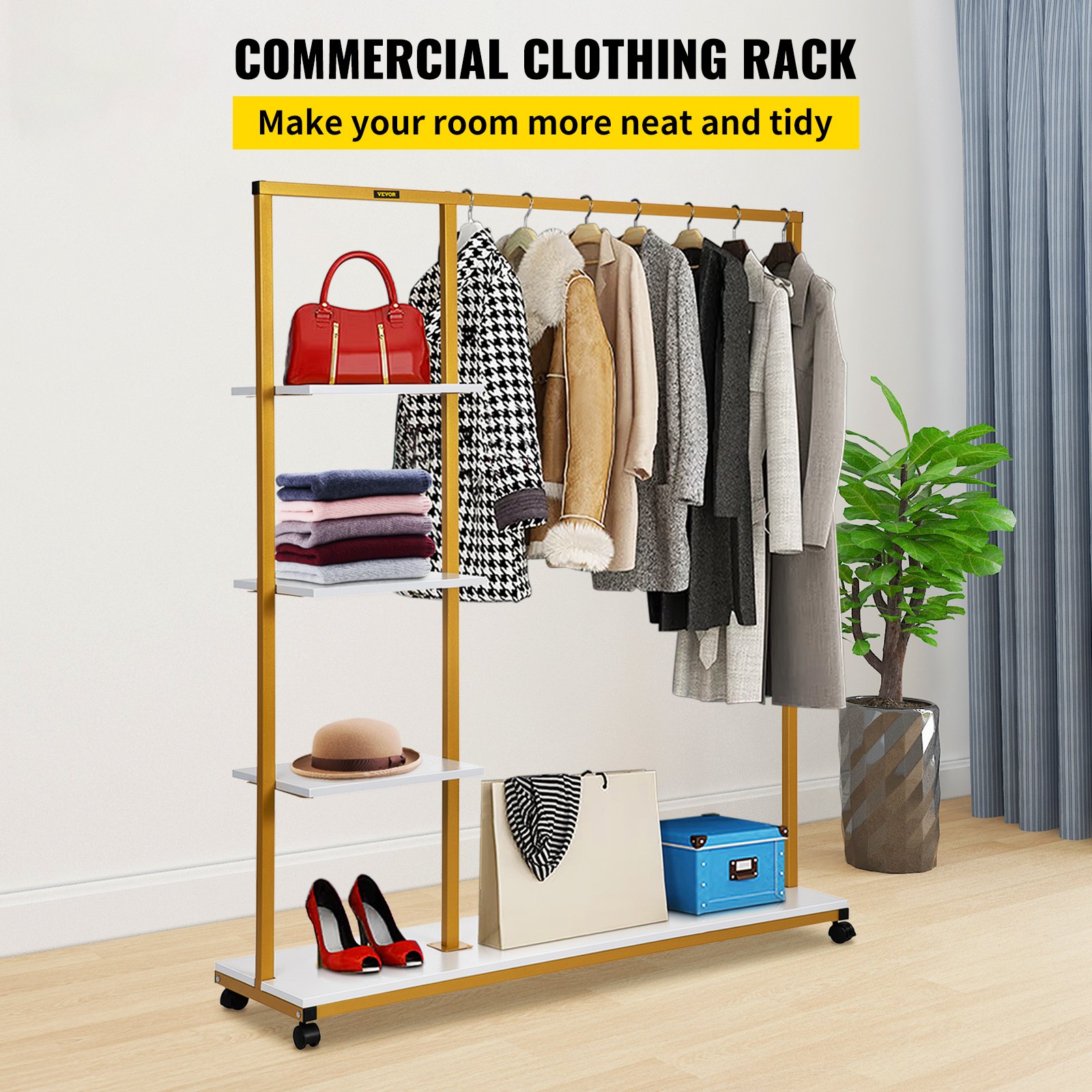 VEVOR Clothing Garment Rack, 180 LBS Capacity, Heavy-duty Clothes Rack w/ Bottom Shelf & Extra 3 Side Shelves, 4 Swivel Casters, Rolling Clothes Organizer for Laundry Room Retail Store Boutique, Gold
