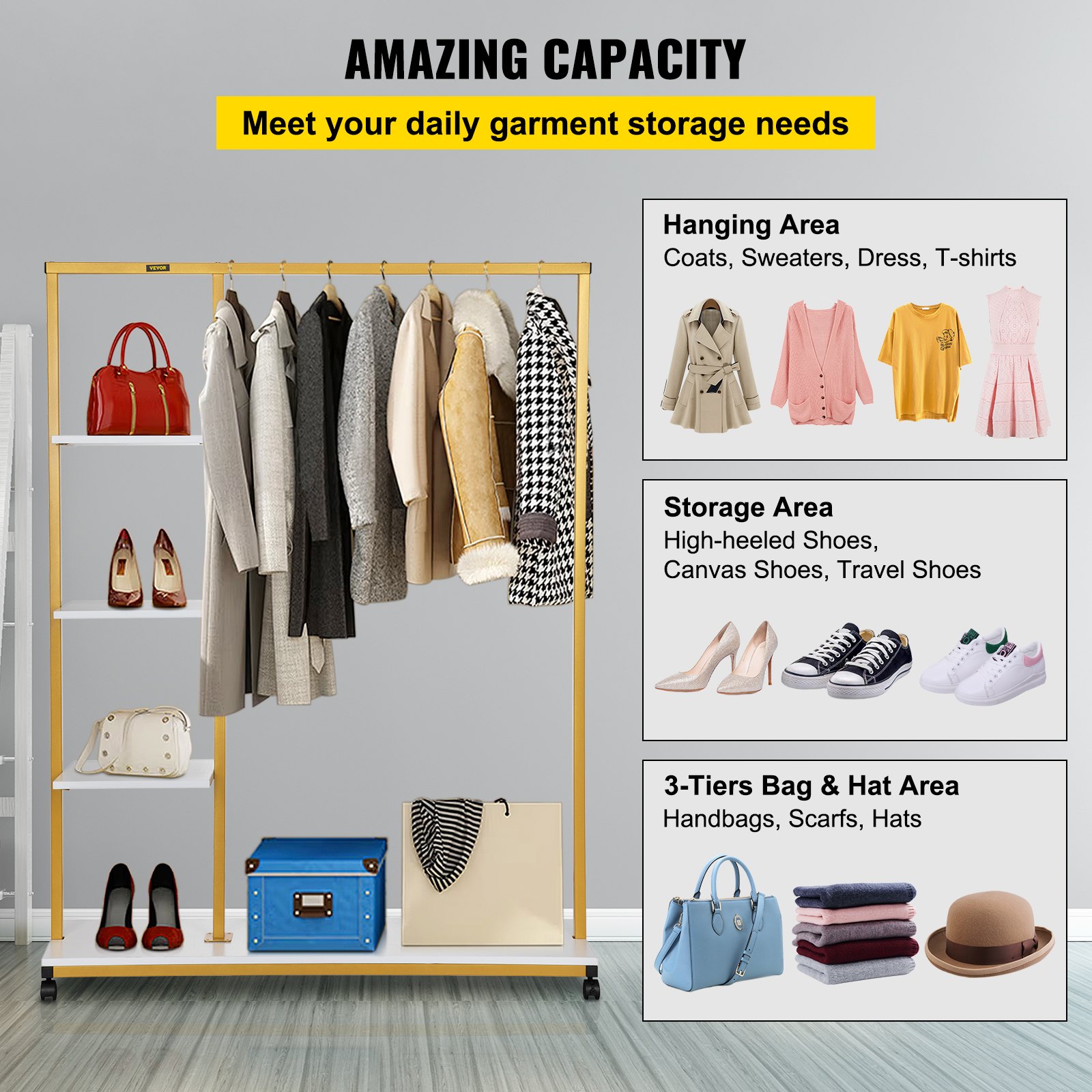 VEVOR Clothing Garment Rack, 180 LBS Capacity, Heavy-duty Clothes Rack w/ Bottom Shelf & Extra 3 Side Shelves, 4 Swivel Casters, Rolling Clothes Organizer for Laundry Room Retail Store Boutique, Gold