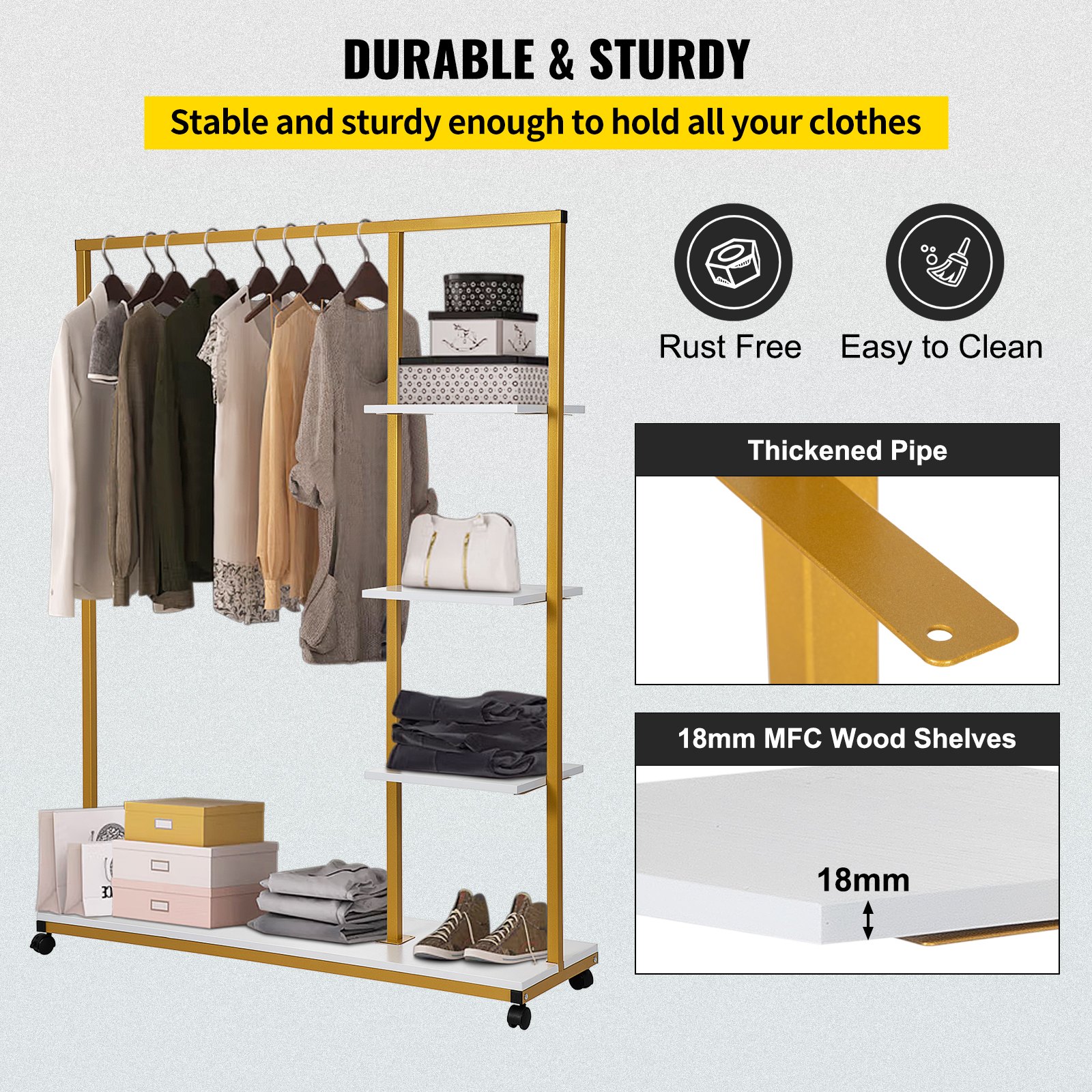 VEVOR Clothing Garment Rack, 180 LBS Capacity, Heavy-duty Clothes Rack w/ Bottom Shelf & Extra 3 Side Shelves, 4 Swivel Casters, Rolling Clothes Organizer for Laundry Room Retail Store Boutique, Gold