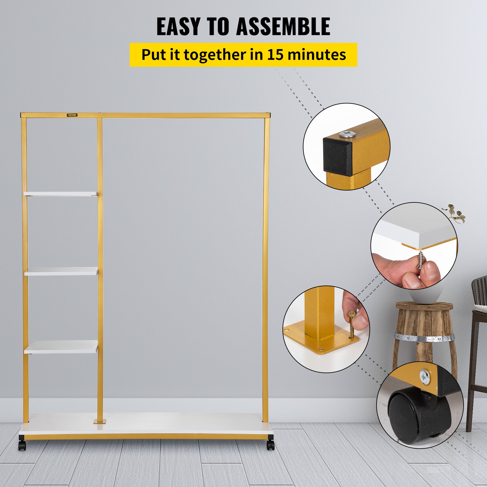 VEVOR Clothing Garment Rack, 180 LBS Capacity, Heavy-duty Clothes Rack w/ Bottom Shelf & Extra 3 Side Shelves, 4 Swivel Casters, Rolling Clothes Organizer for Laundry Room Retail Store Boutique, Gold