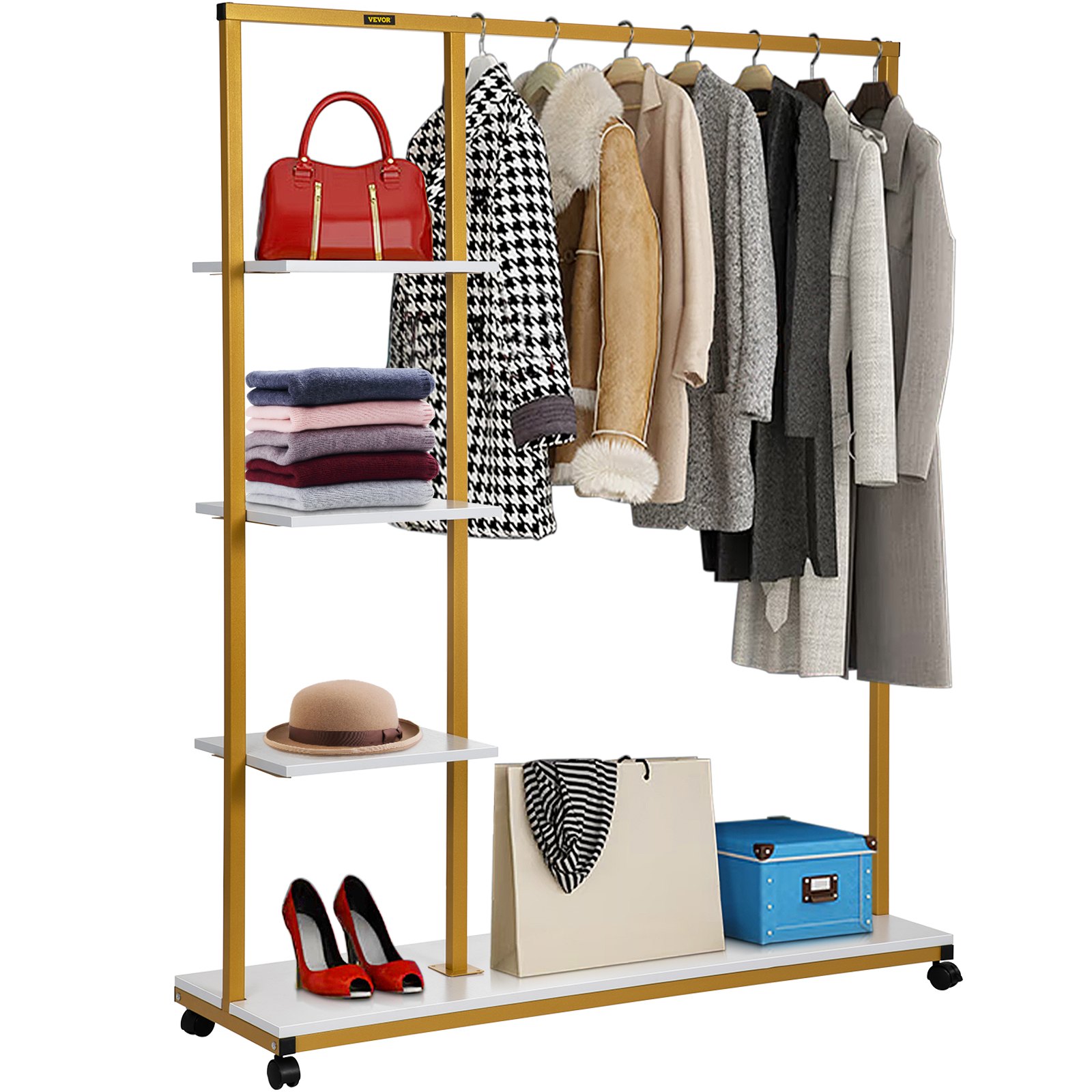 VEVOR Clothing Garment Rack, 180 LBS Capacity, Heavy-duty Clothes Rack w/ Bottom Shelf & Extra 3 Side Shelves, 4 Swivel Casters, Rolling Clothes Organizer for Laundry Room Retail Store Boutique, Gold