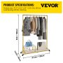 VEVOR Clothing Garment Rack, 120 x 36 x 160 cm, Heavy-duty Clothes Rack w/ Bottom Shelf & Side Shelf, 4 Swivel Casters, Sturdy Steel Frame, Rolling Clothes Organizer for Retail Store Boutique, Gold