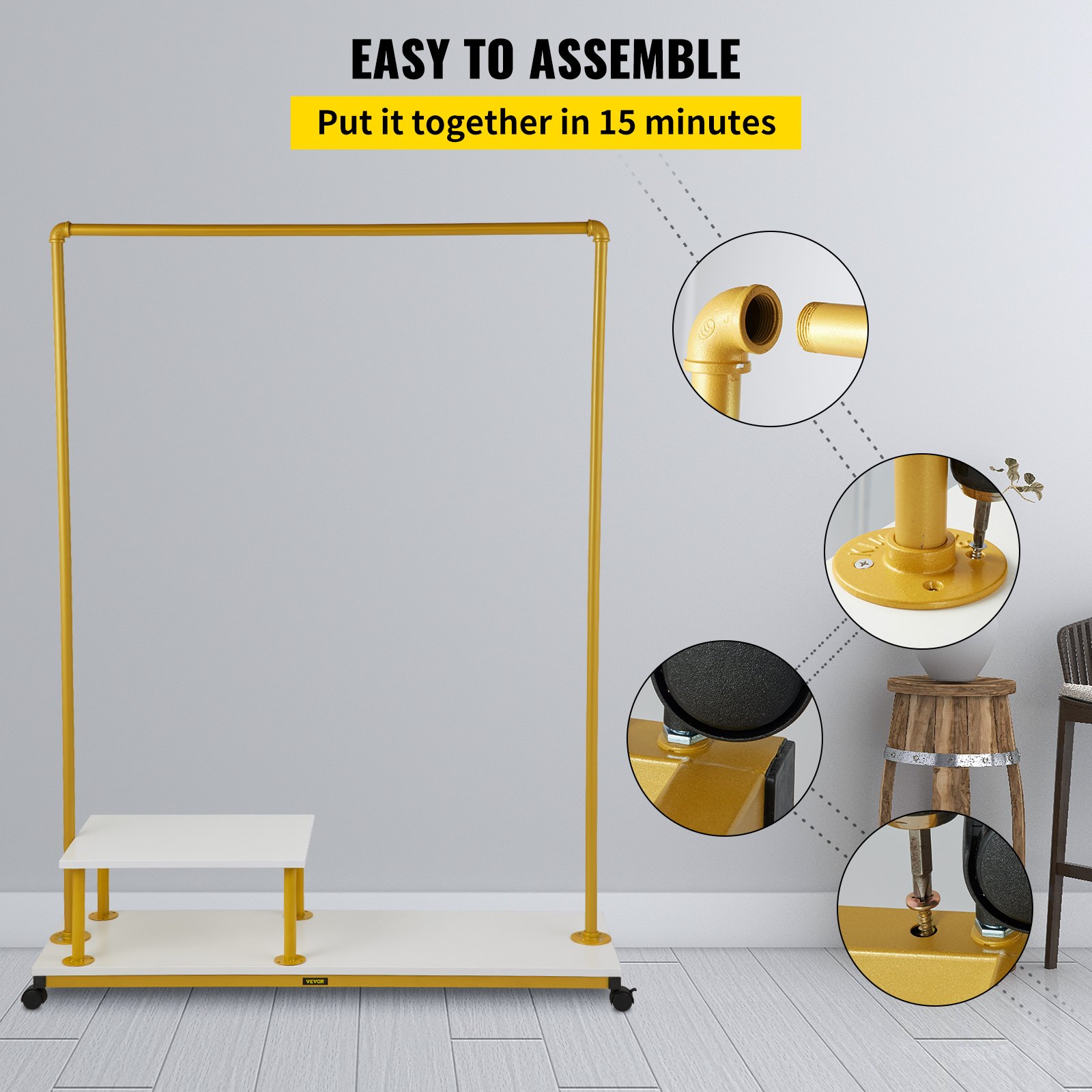 VEVOR Clothing Garment Rack, 120 x 36 x 160 cm, Heavy-duty Clothes Rack w/ Bottom Shelf & Side Shelf, 4 Swivel Casters, Sturdy Steel Frame, Rolling Clothes Organizer for Retail Store Boutique, Gold