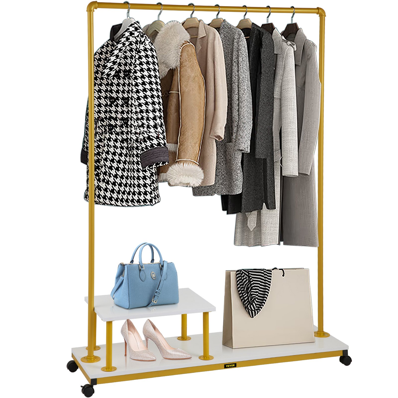 VEVOR Clothing Garment Rack, 120 x 36 x 160 cm, Heavy-duty Clothes Rack w/ Bottom Shelf & Side Shelf, 4 Swivel Casters, Sturdy Steel Frame, Rolling Clothes Organizer for Retail Store Boutique, Gold