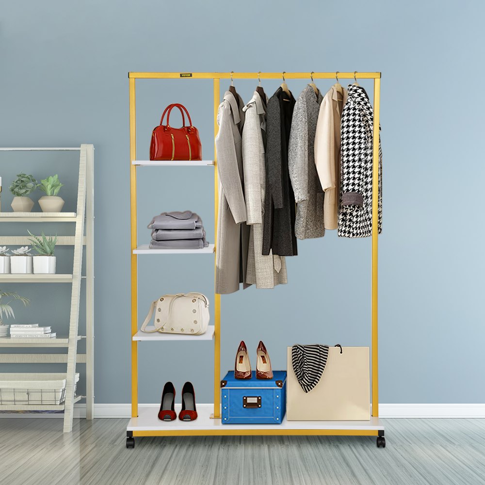 VEVOR Clothing Garment Rack, 39.4"x14.2"x59.1", Heavy-duty Clothes Rack w/ Bottom Shelf & Extra 3 Side Shelves, 4 Swivel Casters, Rolling Clothes Organizer for Laundry Room Retail Store Boutique, Gold